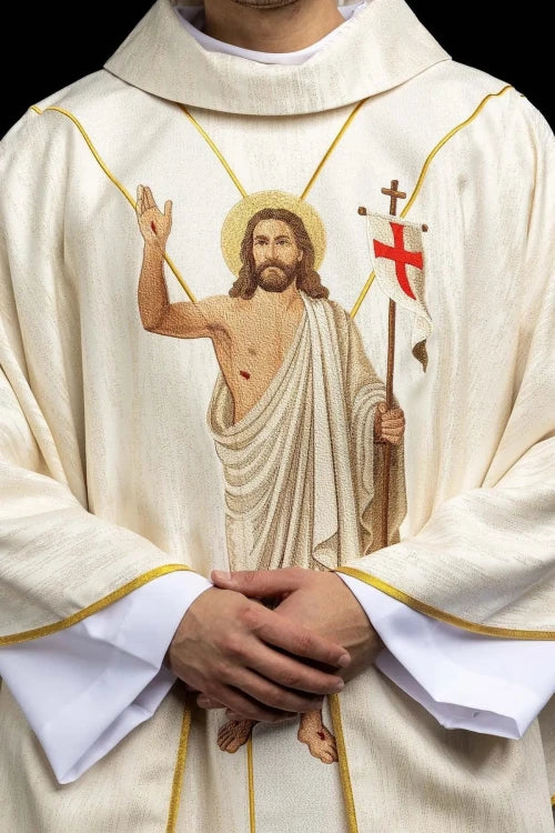 Ecru Chasuble with Risen Christ and Paschal Lamb embroidery — back view