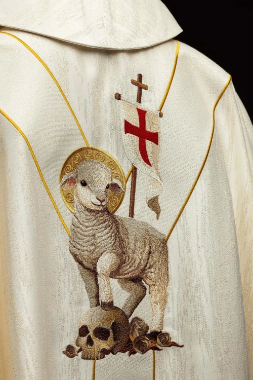 Ecru Chasuble with Risen Christ and Paschal Lamb embroidery — close-up detail