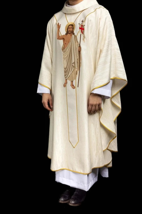 Ecru Chasuble with Risen Christ and Paschal Lamb embroidery — side view