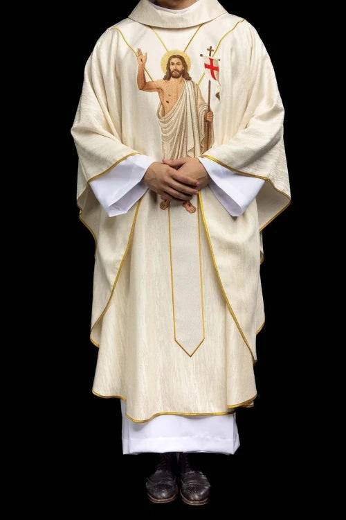 Ecru Chasuble with Risen Christ and Paschal Lamb embroidery — fabric detail