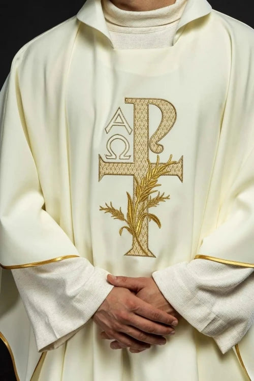 Ecru Chasuble with Alpha and Omega embroidery and wide collar — front view