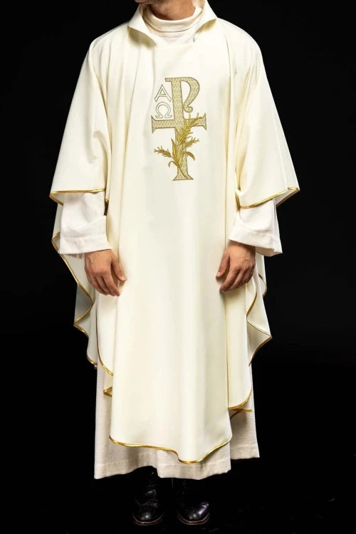 Ecru Chasuble with Alpha and Omega embroidery and wide collar — full view