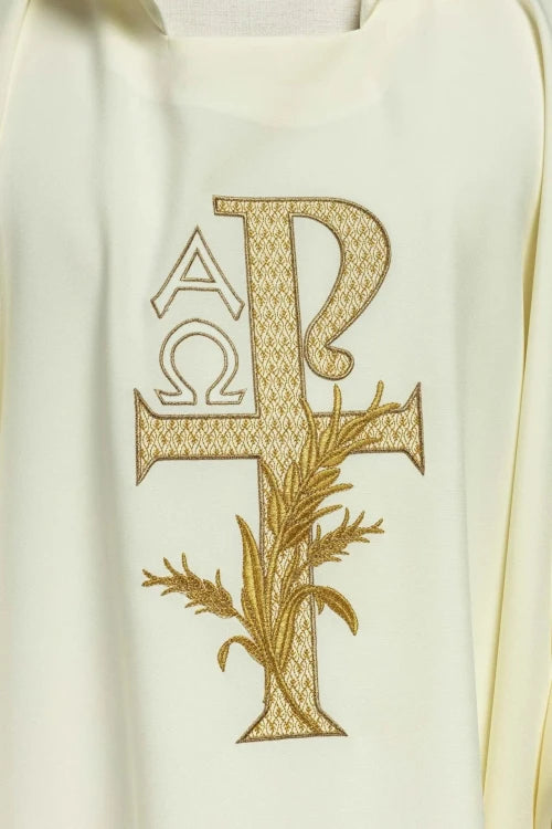 Ecru Chasuble with Alpha and Omega embroidery and wide collar — decoration detail