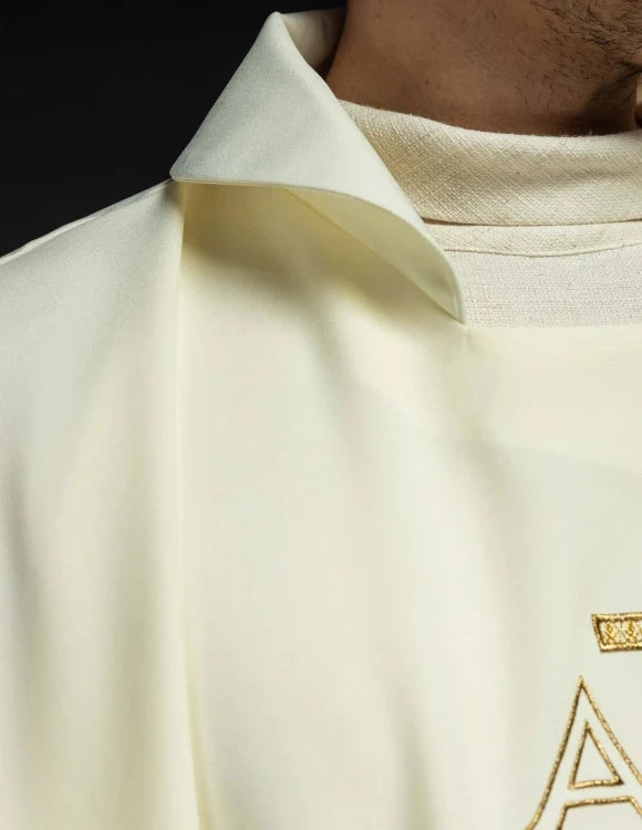 Ecru Chasuble with Alpha and Omega embroidery and wide collar — back view
