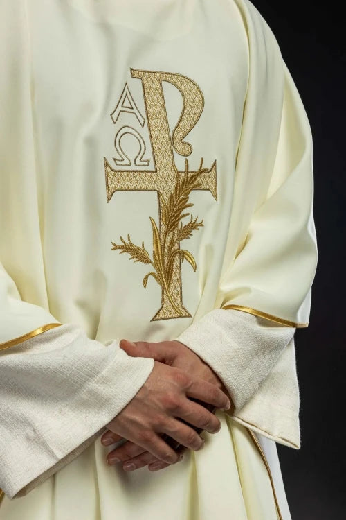 Ecru Chasuble with Alpha and Omega embroidery and wide collar — close-up detail
