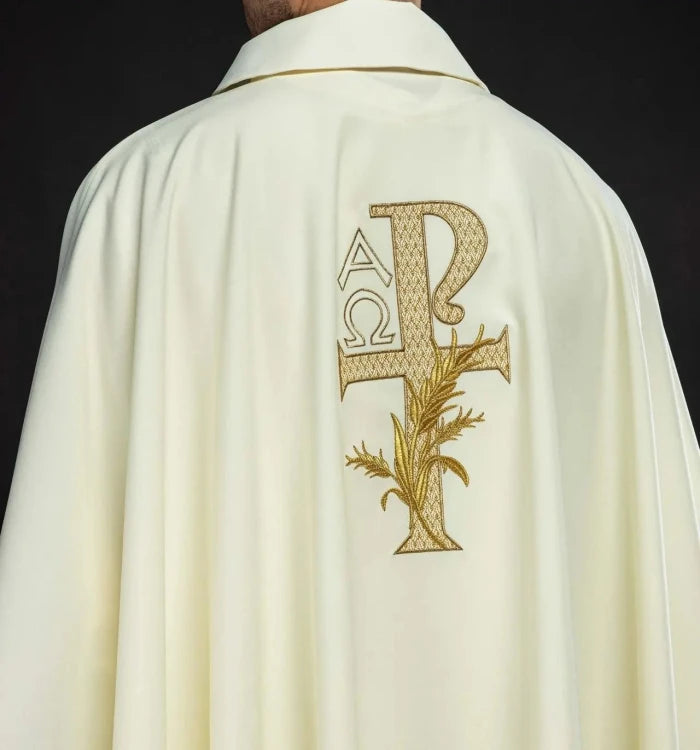 Ecru Chasuble with Alpha and Omega embroidery and wide collar — side view