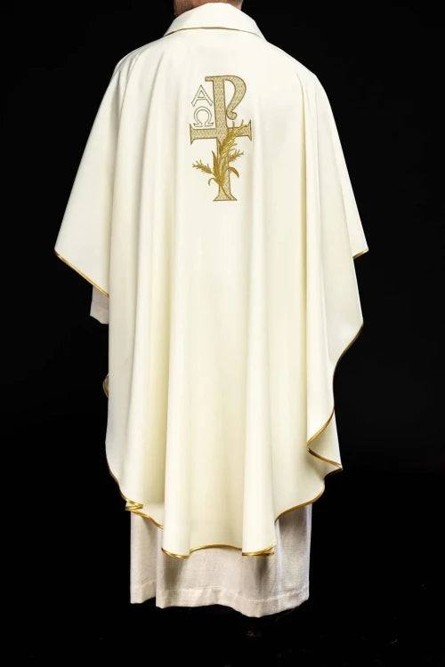 Ecru Chasuble with Alpha and Omega embroidery and wide collar — collar detail