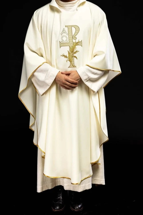 Ecru Chasuble with Alpha and Omega embroidery and wide collar — fabric detail