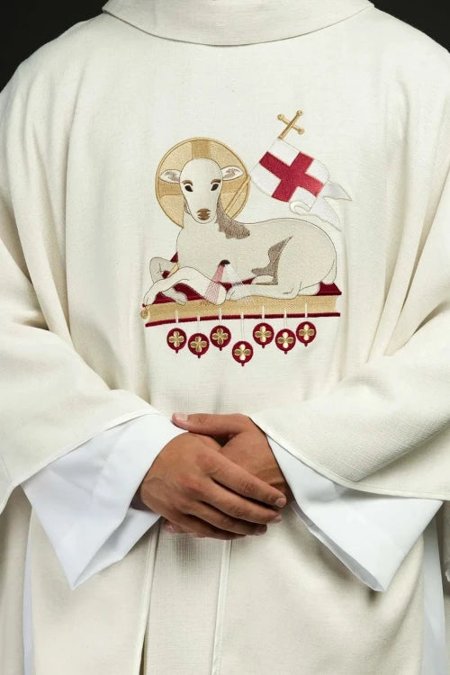 Ecru Chasuble with Lamb of God and IHS embroidery — front view