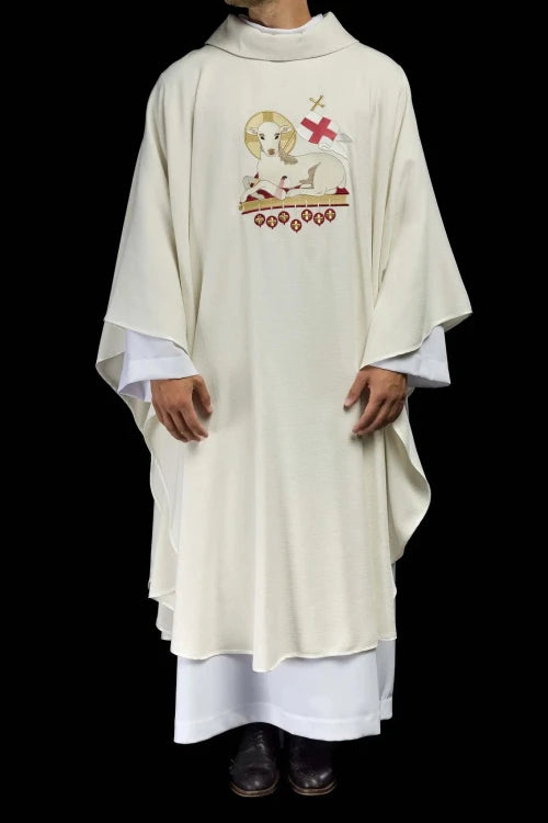 Ecru Chasuble with Lamb of God and IHS embroidery — full view