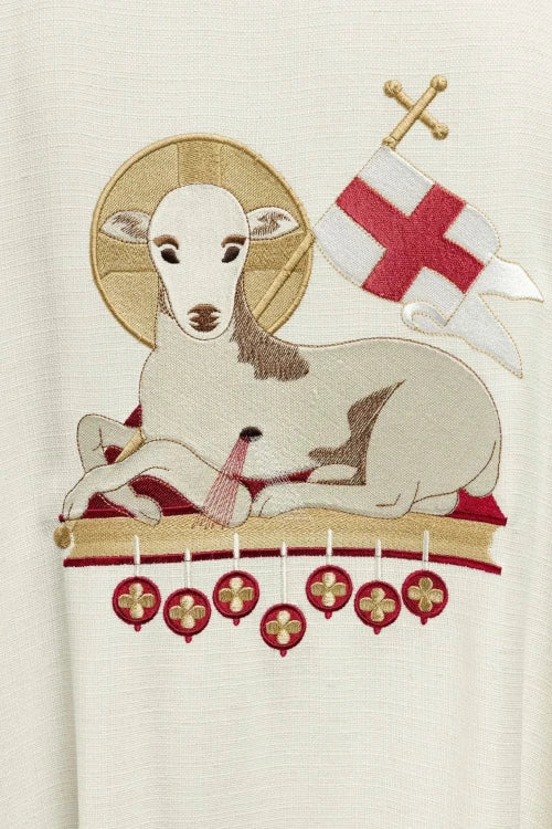 Ecru Chasuble with Lamb of God and IHS embroidery — decoration detail