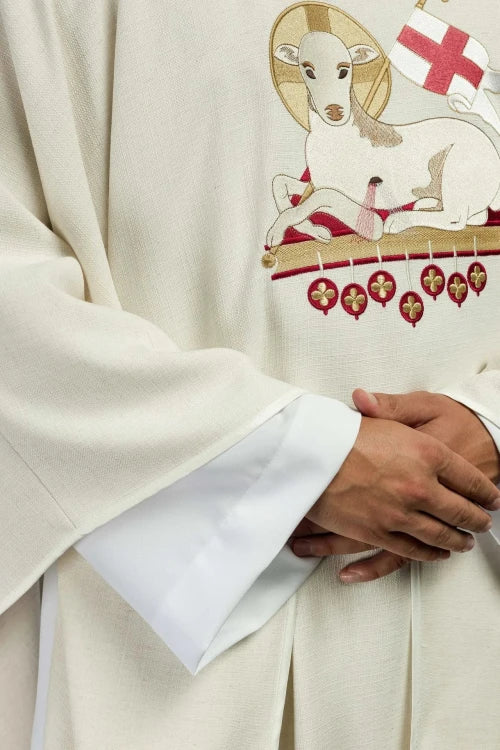Ecru Chasuble with Lamb of God and IHS embroidery — back view