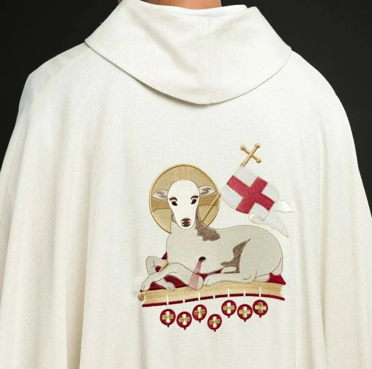 Ecru Chasuble with Lamb of God and IHS embroidery — side view
