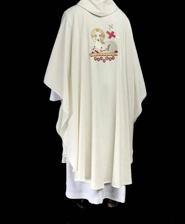 Ecru Chasuble with Lamb of God and IHS embroidery — collar detail