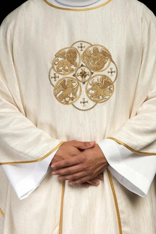 Ecru Chasuble with embroidered symbols of the Four Evangelists — front view