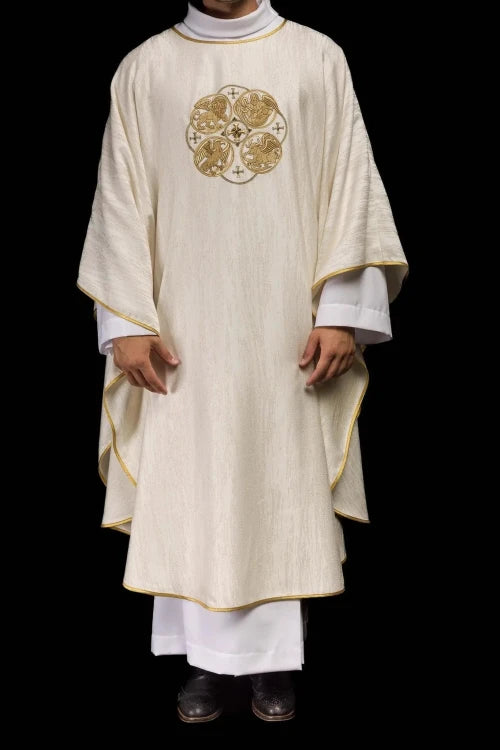 Ecru Chasuble with embroidered symbols of the Four Evangelists — full view