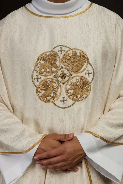 Ecru Chasuble with embroidered symbols of the Four Evangelists — decoration detail