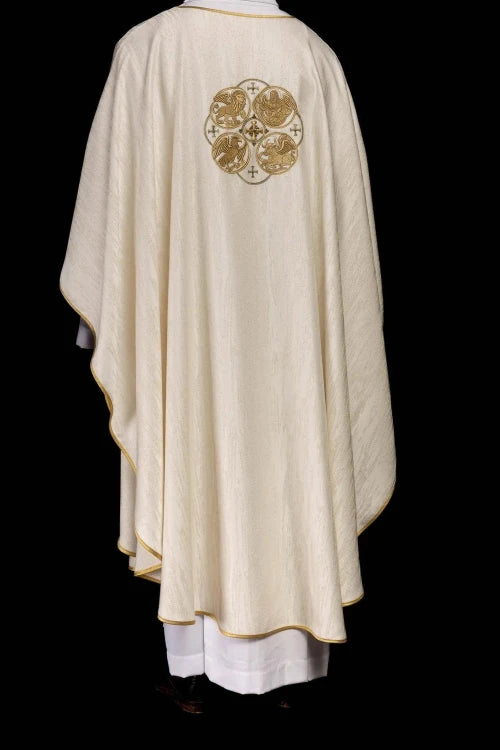 Ecru Chasuble with embroidered symbols of the Four Evangelists — close-up detail