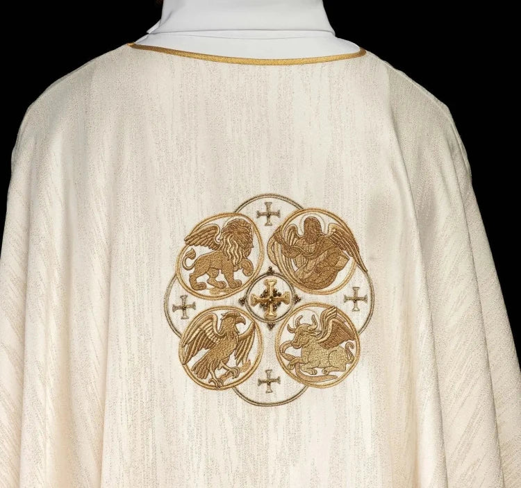 Ecru Chasuble with embroidered symbols of the Four Evangelists — collar detail
