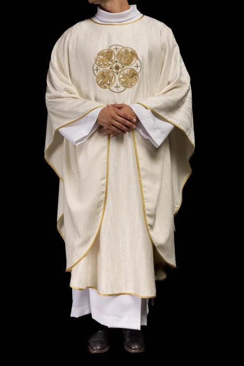 Ecru Chasuble with embroidered symbols of the Four Evangelists — vestment detail