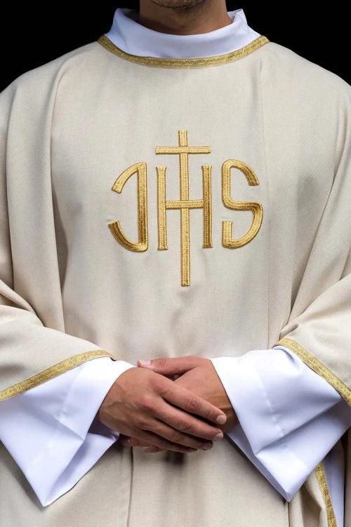 Ecru Chasuble with embroidered IHS monogram — front view