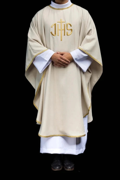 Ecru Chasuble with embroidered IHS monogram — full view