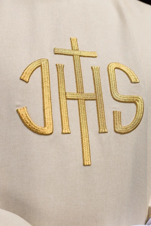 Ecru Chasuble with embroidered IHS monogram — decoration detail