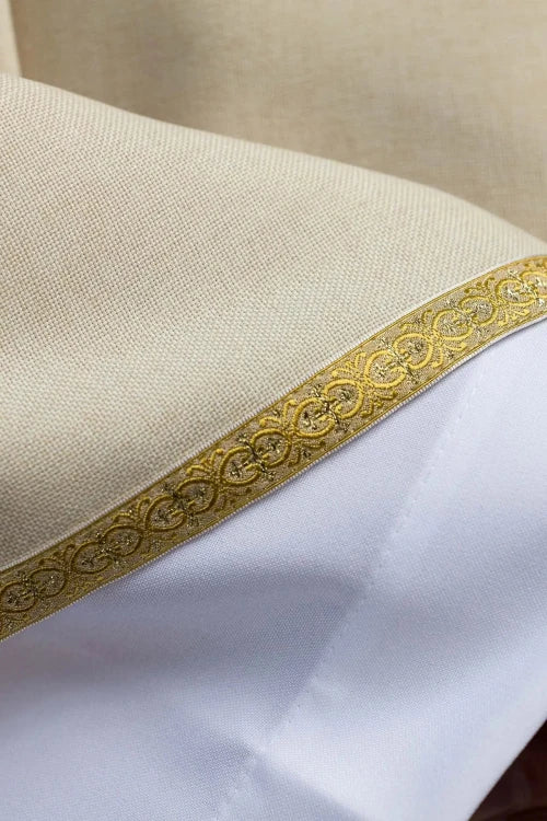 Ecru Chasuble with embroidered IHS monogram — back view
