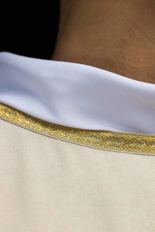 Ecru Chasuble with embroidered IHS monogram — close-up detail