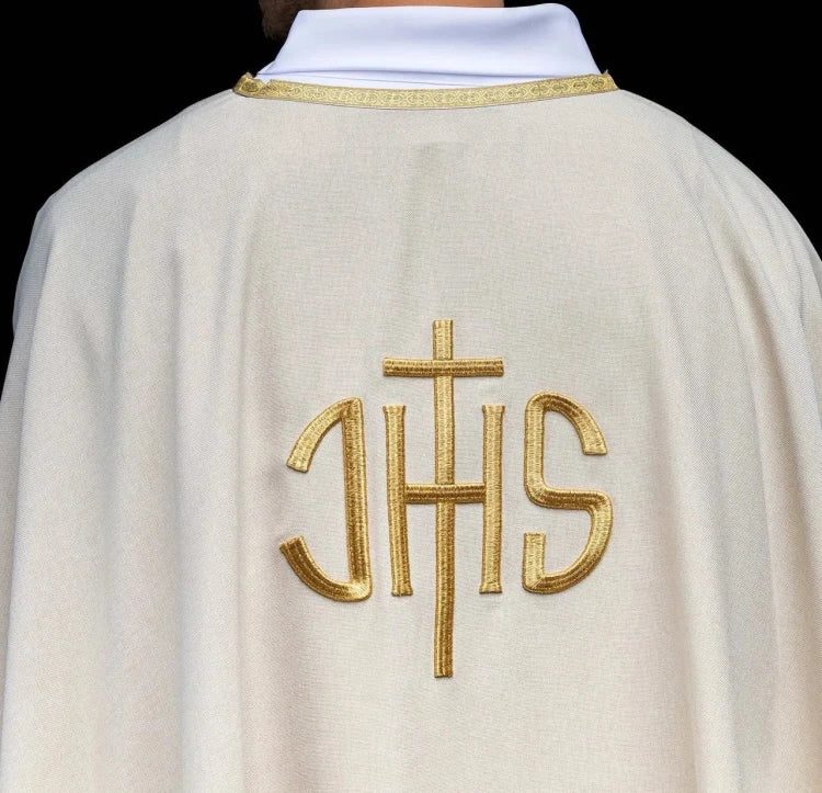 Ecru Chasuble with embroidered IHS monogram — collar detail