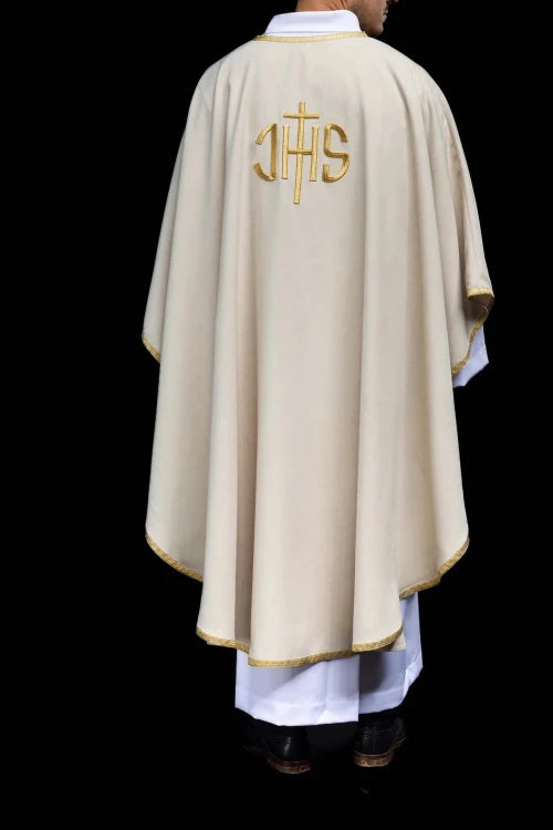 Ecru Chasuble with embroidered IHS monogram — fabric detail
