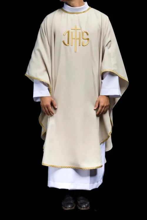 Ecru Chasuble with embroidered IHS monogram — vestment detail