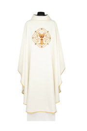 Ecru Chasuble with IHS and Eucharistic chalice embroidery — front view