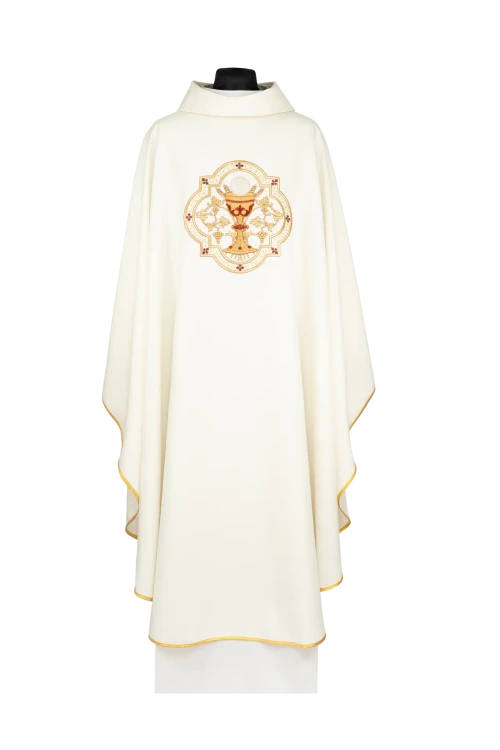 Ecru Chasuble with IHS and Eucharistic chalice embroidery — front view