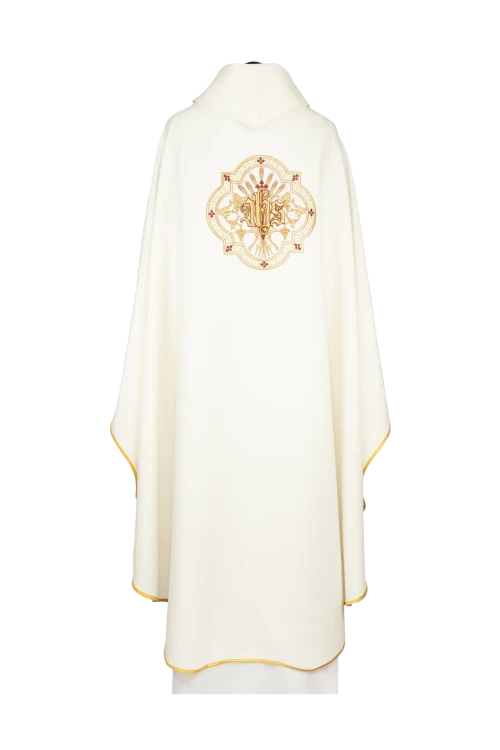 Ecru Chasuble with IHS and Eucharistic chalice embroidery — full view