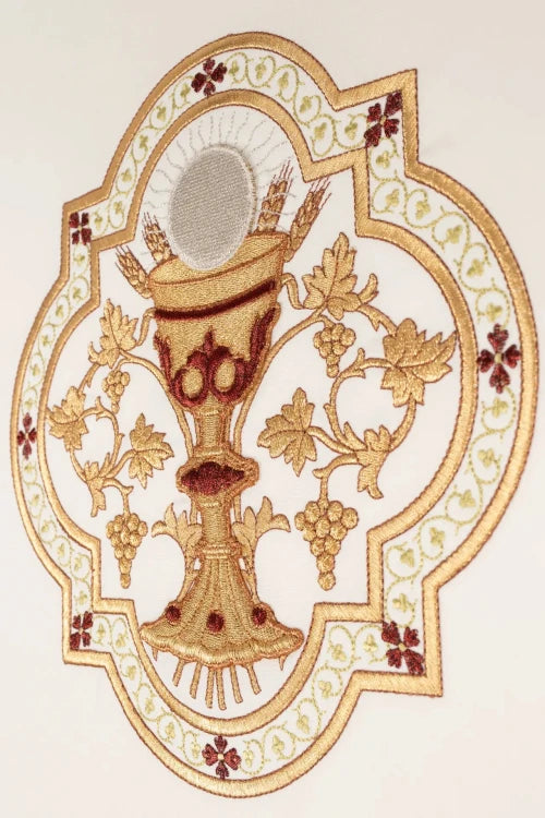 Ecru Chasuble with IHS and Eucharistic chalice embroidery — decoration detail