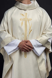 Ecru Chasuble with wheat and cross embroidery — front view