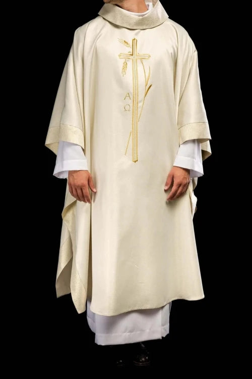 Ecru Chasuble with wheat and cross embroidery — full view
