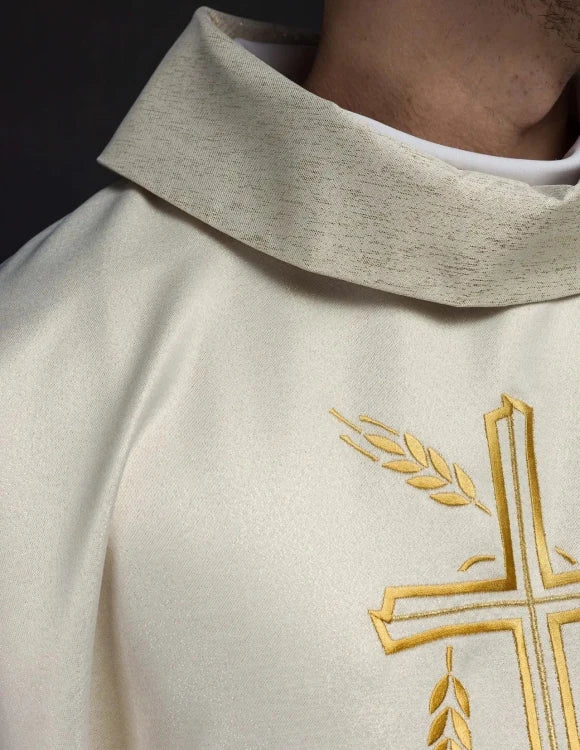 Ecru Chasuble with wheat and cross embroidery — close-up detail