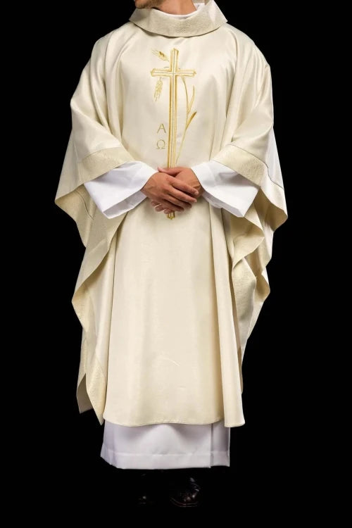 Ecru Chasuble with wheat and cross embroidery — vestment detail