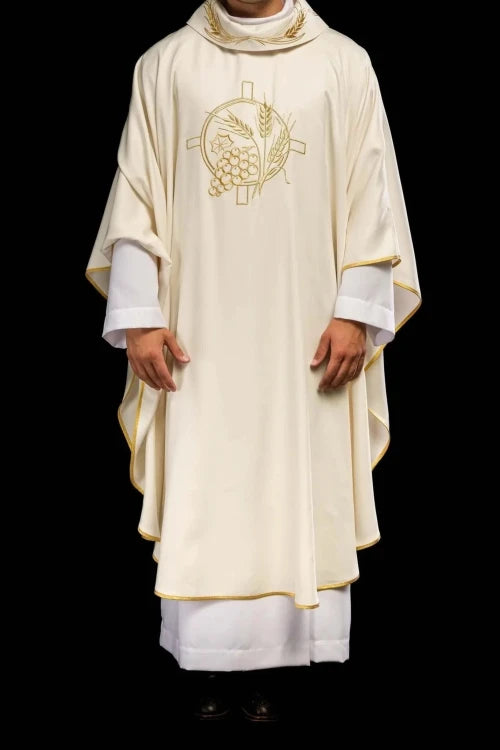 Ecru Chasuble with wheat and cross embroidery – Variant II — front view