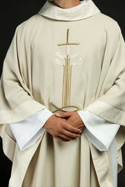 Ecru Chasuble with wheat, fish and cross embroidery — front view