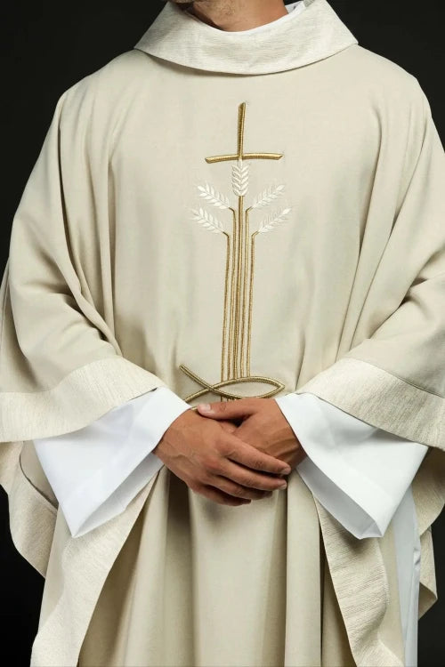 Ecru Chasuble with wheat, fish and cross embroidery — front view