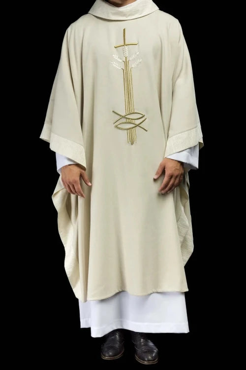 Ecru Chasuble with wheat, fish and cross embroidery — full view