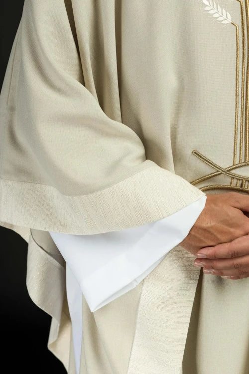 Ecru Chasuble with wheat, fish and cross embroidery — back view