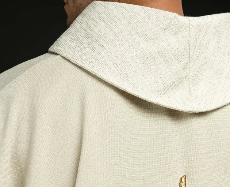 Ecru Chasuble with wheat, fish and cross embroidery — side view