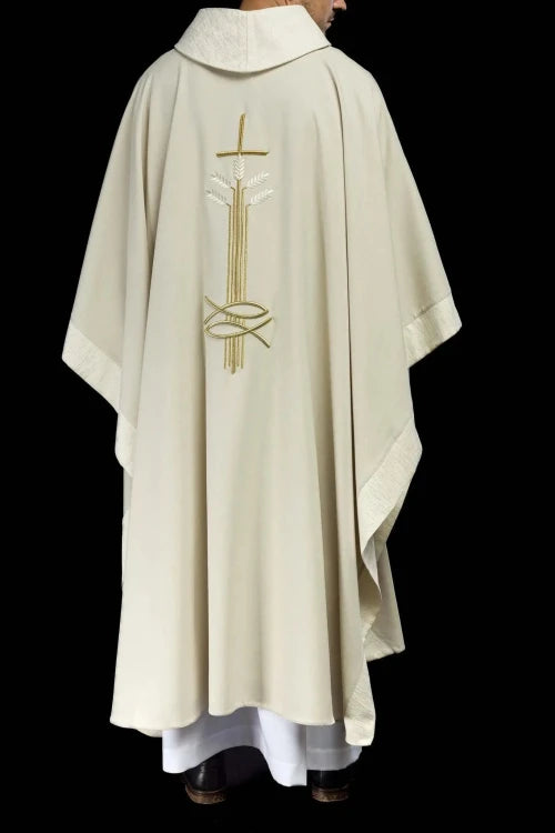 Ecru Chasuble with wheat, fish and cross embroidery — fabric detail