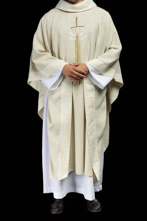 Ecru Chasuble with wheat, fish and cross embroidery — vestment detail