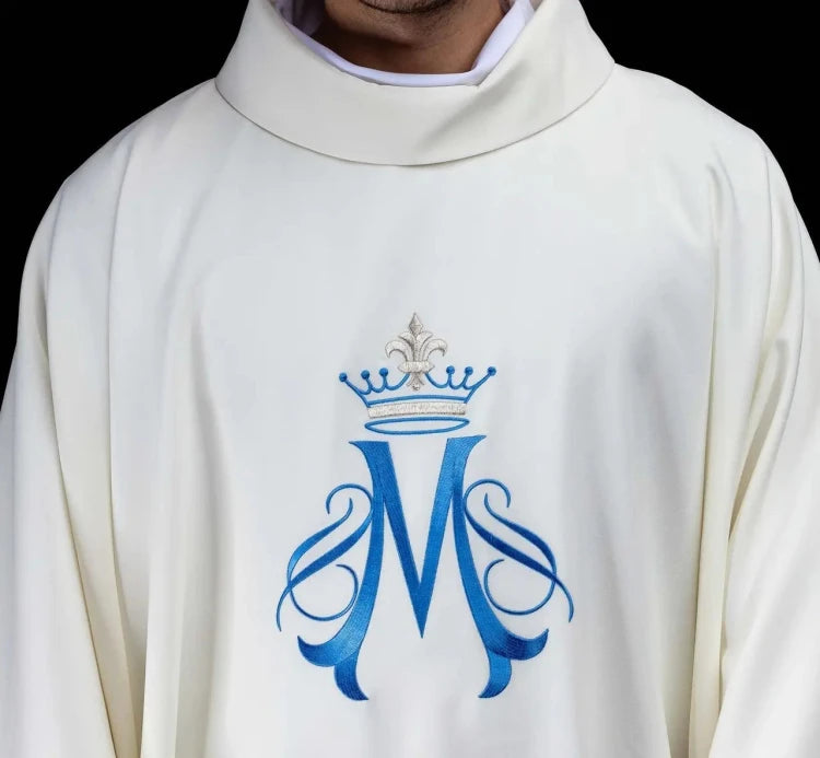 Ecru Chasuble with Marian embroidery — front view