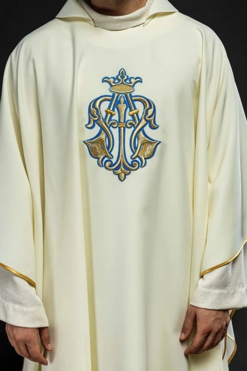 Ecru Chasuble with Marian embroidery and wide collar — front view